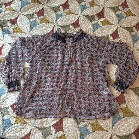 Zara maroon and cream floral sheer blouse with smocked collar and sleeves - Picture 1 of 9